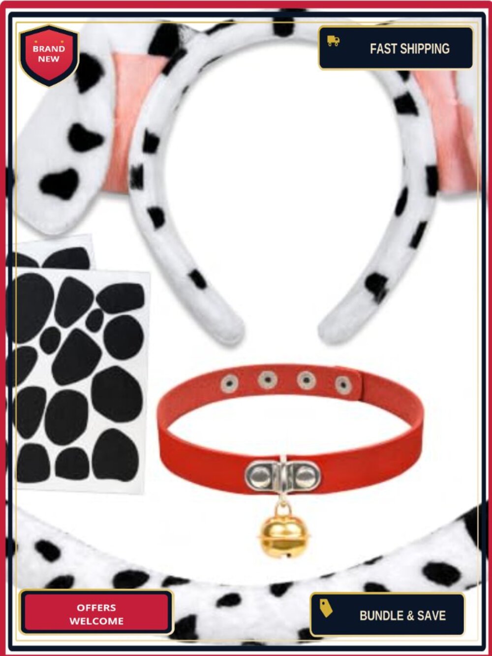 Dalmatian Dog Costume Set Ears Headband Tail Bell Collar Choker Felt Sticker